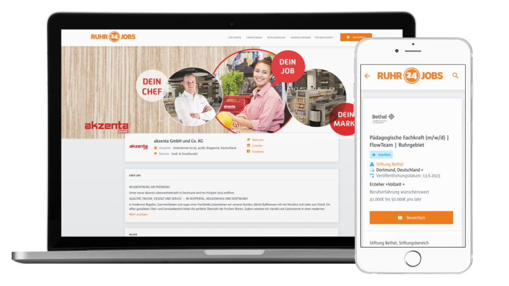 Auf dem Bild sind ein Laptop und ein Smartphone zu sehen, auf denen die Webseite "Ruhr24Jobs" dargestellt wird. Die Bildschirme zeigen Informationen zu Stellenangeboten, unter anderem von "akzenta" und der "Stiftung Bethel".